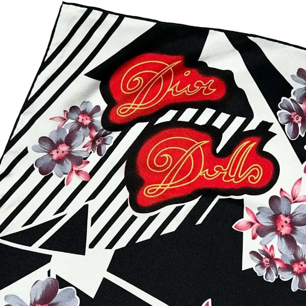AUTH VTG Christian Dior Dolls Logo Floral Print Silk Large Square Scarf Top